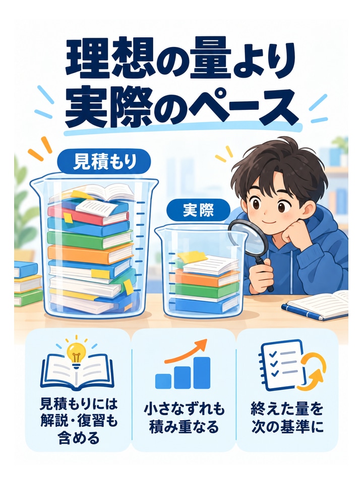 理想の量より実際のペース。見積もりには解説・復習も含める、小さなずれも積み重なる、終えた量を次の基準に