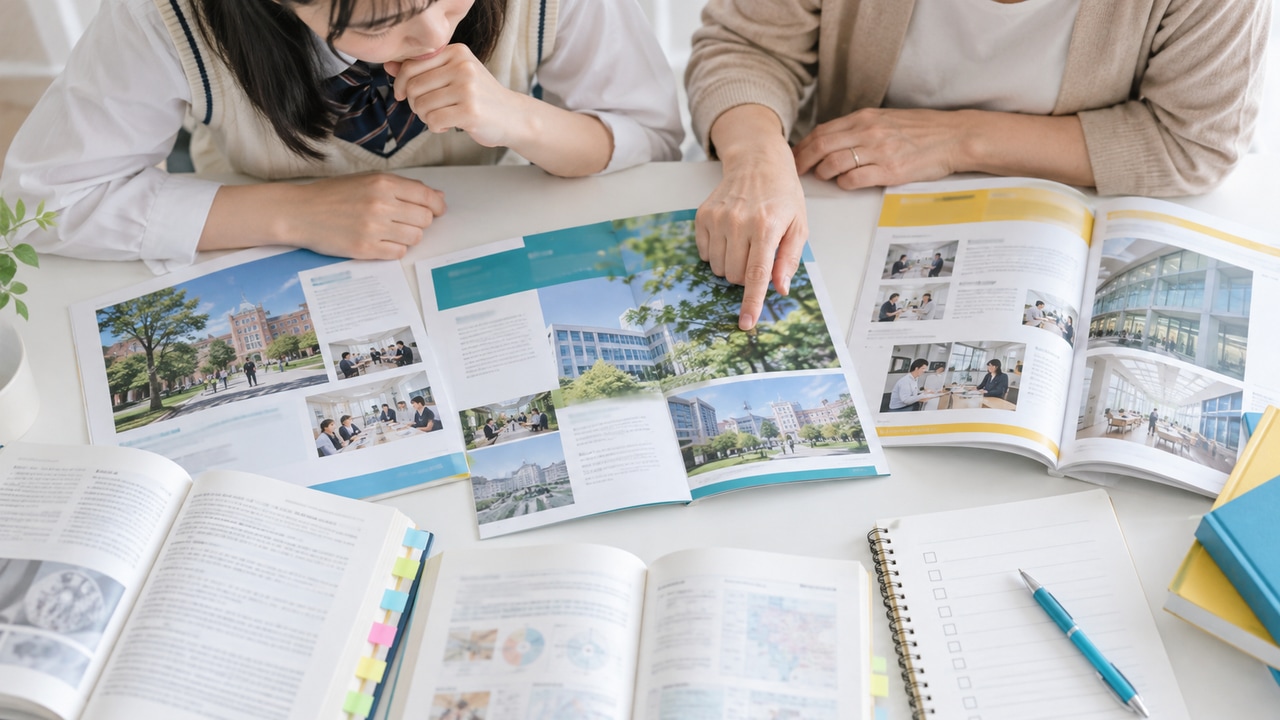 大学案内と参考書を比較し、私立医学部の受験科目を整理する手元のイメージ写真。