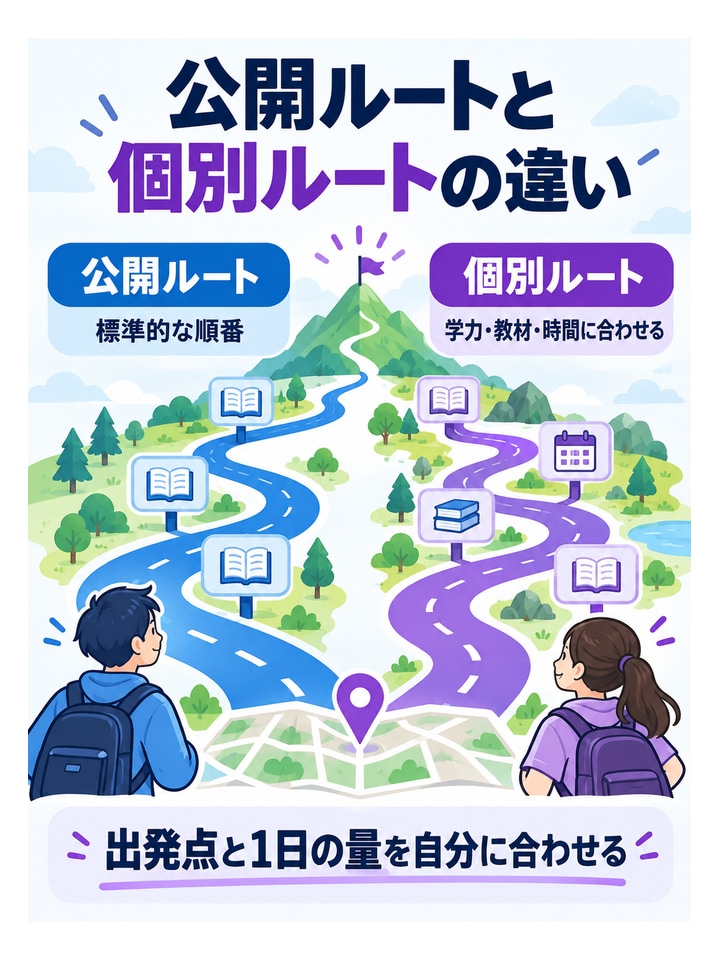 公開ルートと個別ルートの違い。公開ルート｜標準的な順番、個別ルート｜学力・教材・時間に合わせる