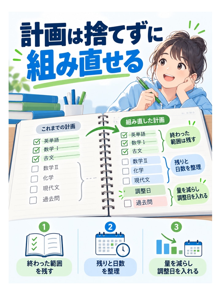 計画は捨てずに組み直せる。終わった範囲を残す、残りと日数を整理、量を減らし調整日を入れる