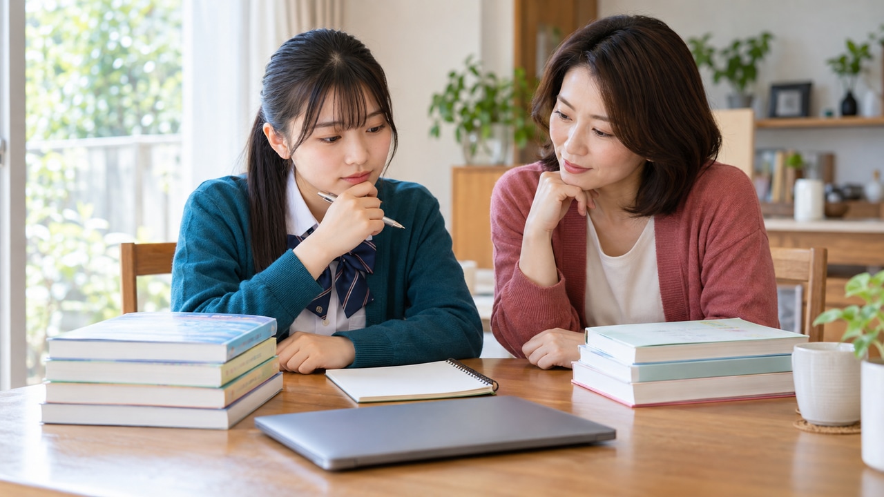 自宅で参考書とチェックリストを見ながら、学習支援の選択肢を検討する高校生と保護者のイメージ写真。