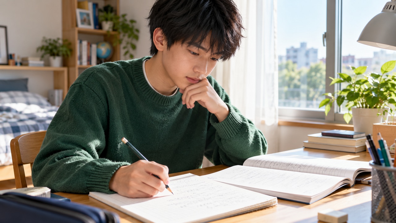 数学の問題集とノートを使い、自宅で学習する受験生のイメージ写真。