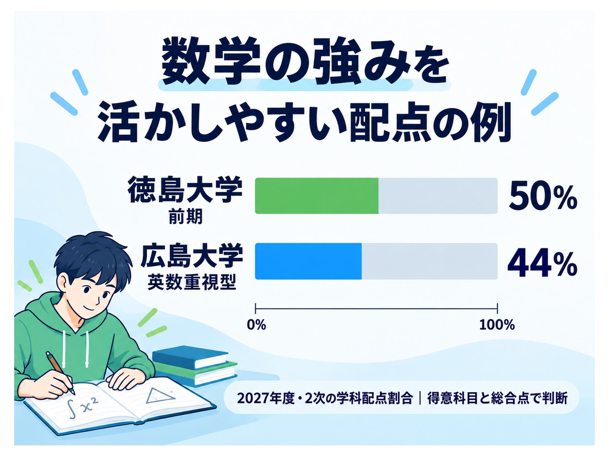 数学の強みを活かしやすい配点の例。徳島大学 前期|50%、広島大学 英数重視型|44%