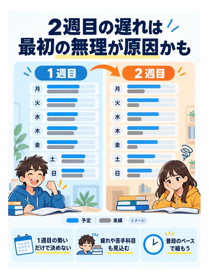 2週目の遅れは最初の無理が原因かも。1週目の勢いだけで決めない、疲れや苦手科目も見込む、普段のペースで組もう