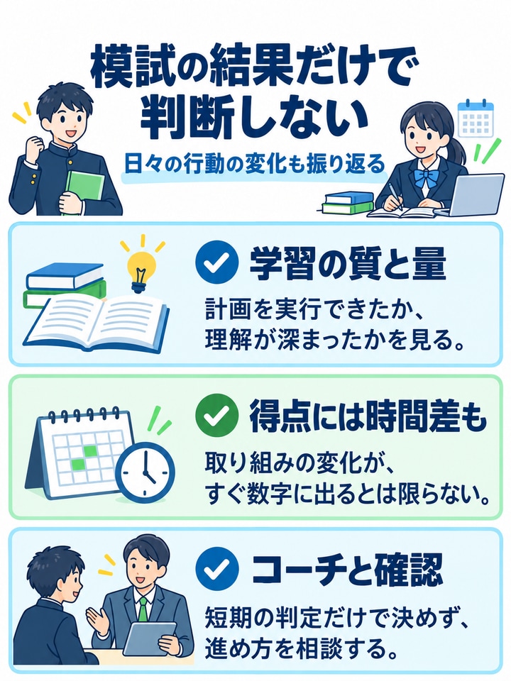 模試の結果だけで判断しないを解説する図。学習の質と量、得点には時間差も、コーチと確認。