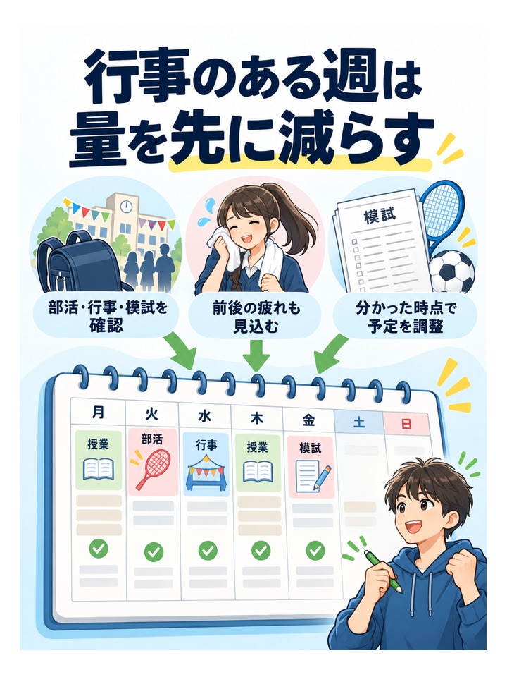 行事のある週は量を先に減らす。部活・行事・模試を確認、前後の疲れも見込む、分かった時点で予定を調整