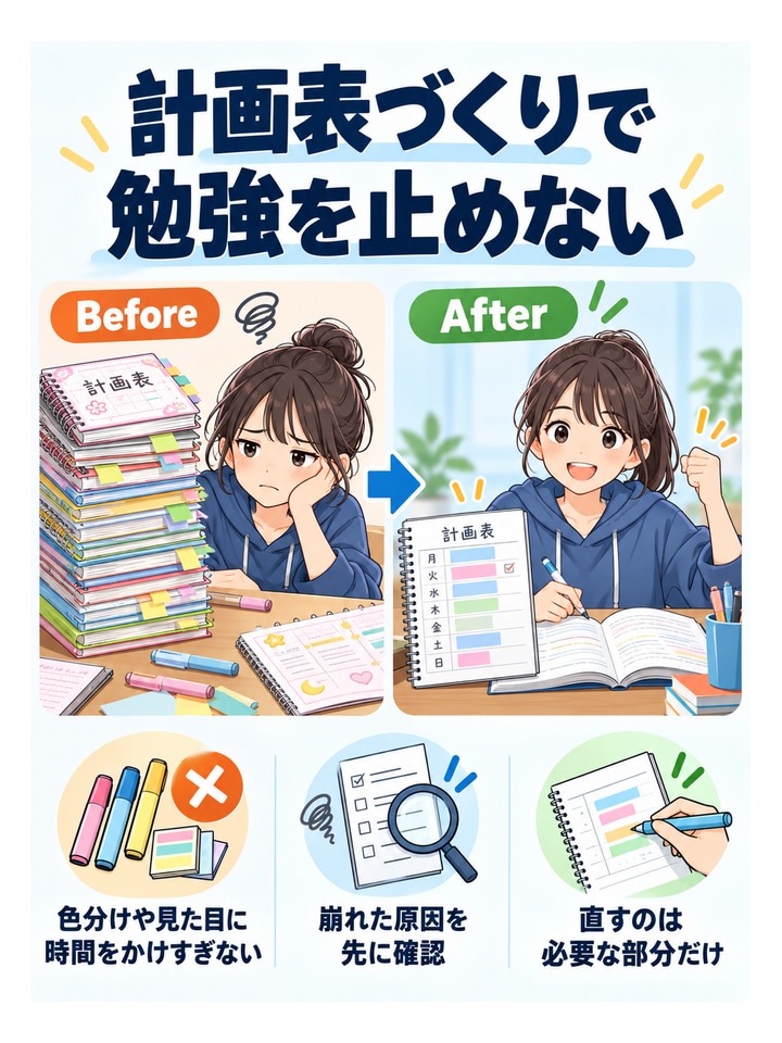 計画表づくりで勉強を止めない。色分けや見た目に時間をかけすぎない、崩れた原因を先に確認、直すのは必要な部分だけ