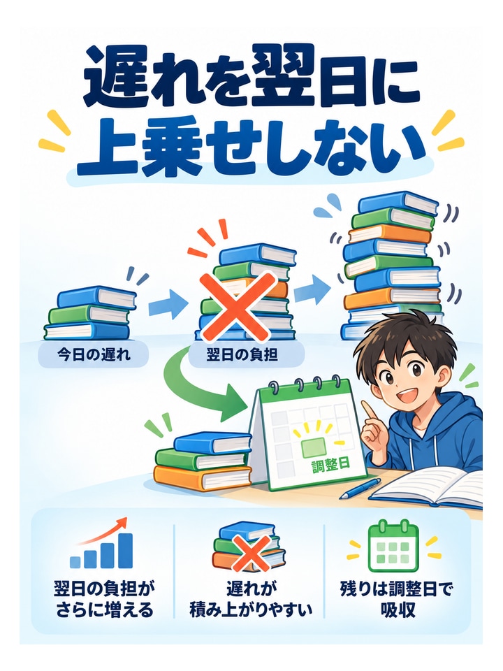 遅れを翌日に上乗せしない。翌日の負担がさらに増える、遅れが積み上がりやすい、残りは調整日で吸収