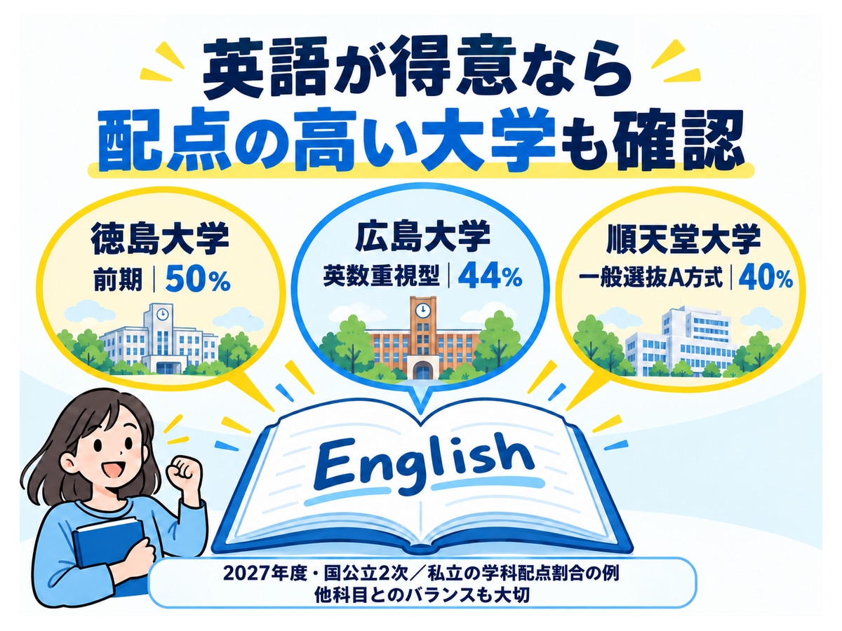 英語が得意なら配点の高い大学も確認。徳島大学 前期|50%、広島大学 英数重視型|44%、順天堂大学 一般選抜A方式|40%