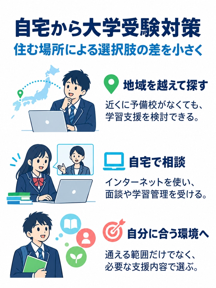 自宅から大学受験対策を解説する図。地域を越えて探す、自宅で相談、自分に合う環境へ。
