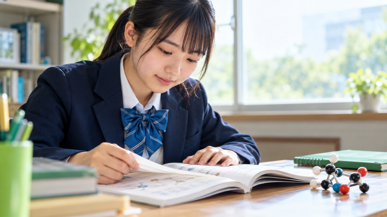 理科の参考書と分子模型を使って学習内容を確認する高校生のイメージ写真。