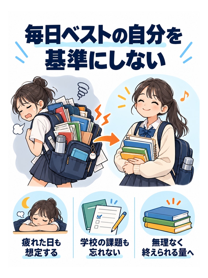 毎日ベストの自分を基準にしない。疲れた日も想定する、学校の課題も忘れない、無理なく終えられる量へ