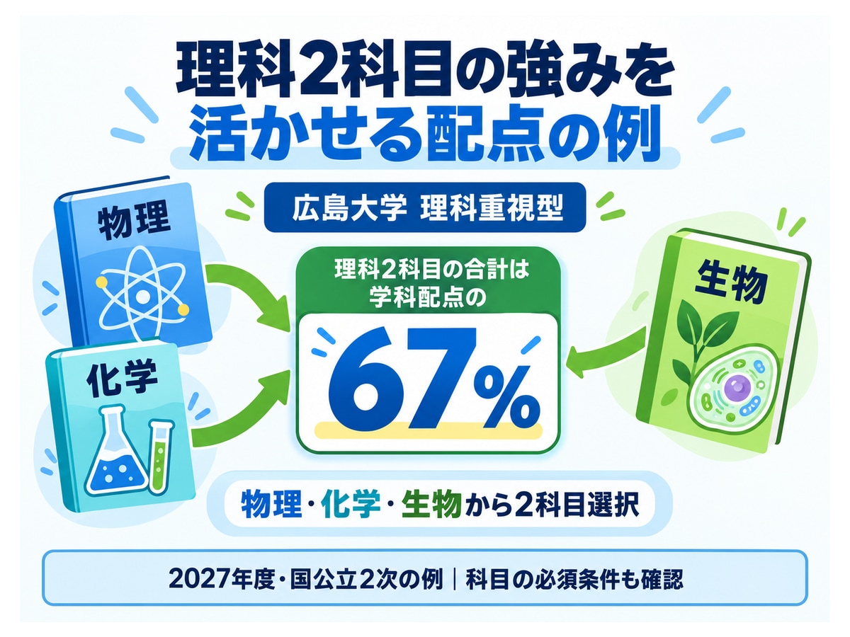 理科2科目の強みを活かせる配点の例。広島大学 理科重視型、理科2科目の合計は学科配点の67%、物理・化学・生物から2科目選択