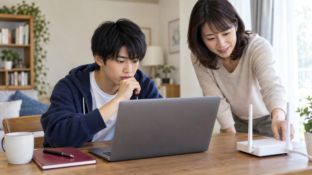 自宅の通信機器とオンライン学習環境を確認するイメージ