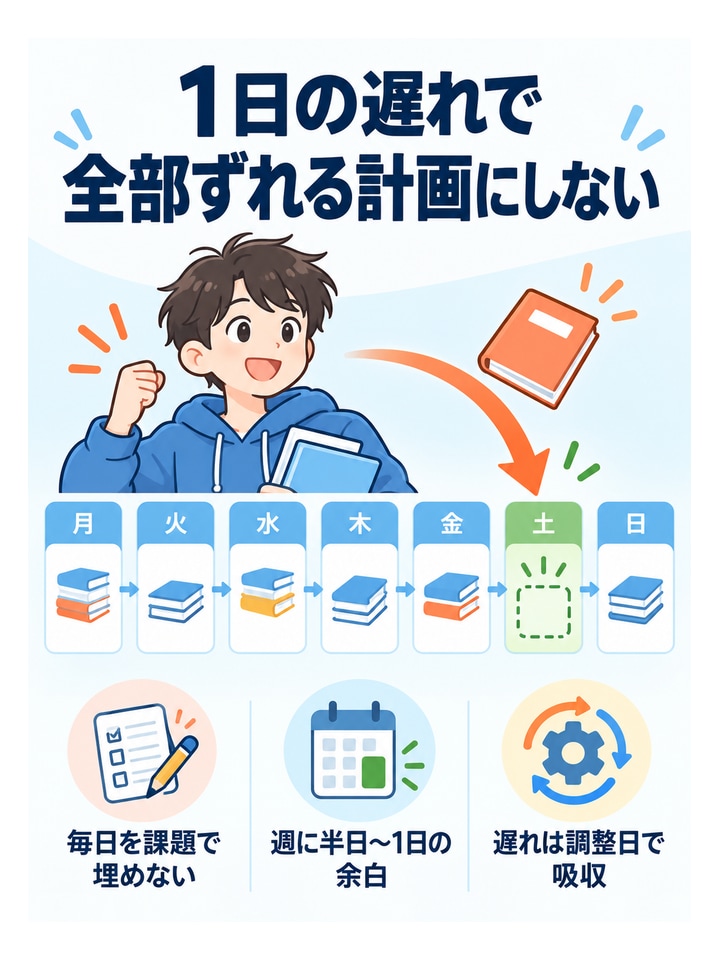 1日の遅れで全部ずれる計画にしない。毎日を課題で埋めない、週に半日〜1日の余白、遅れは調整日で吸収