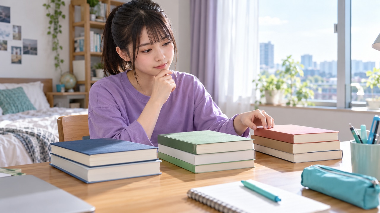 複数の理科教材を比べ、自分が取り組む科目を検討する受験生のイメージ写真。