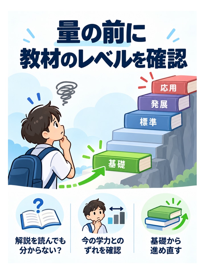 量の前に教材のレベルを確認。解説を読んでも分からない？、今の学力とのずれを確認、基礎から進め直す