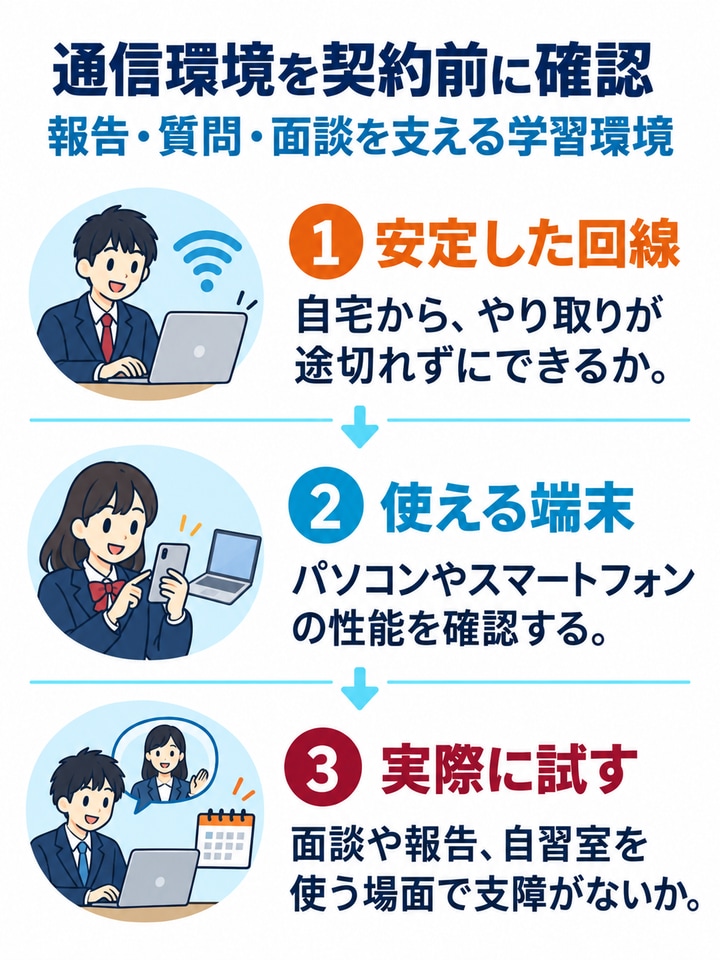 通信環境を契約前に確認を解説する図。安定した回線、使える端末、実際に試す。