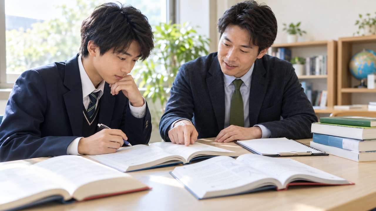 参考書とチェックリストを前に、入試段階ごとの必要科目を相談する受験生のイメージ写真。