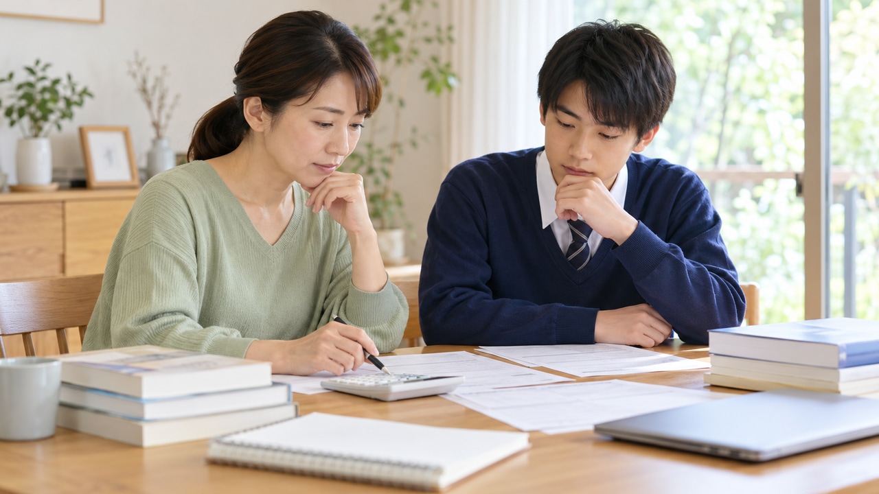 電卓と費用の比較資料を使い、医学部受験の学習費用を検討する親子のイメージ写真。