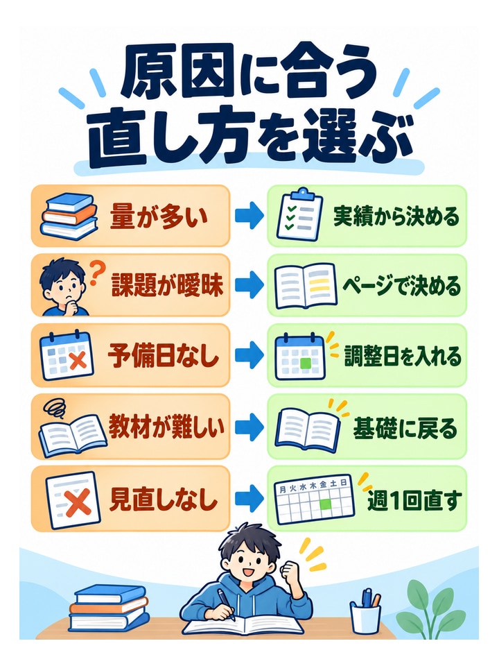 原因に合う直し方を選ぶ。量が多い→実績から決める、課題が曖昧→ページで決める、予備日なし→調整日を入れる、教材が難しい→基礎に戻る、見直しなし→週1回直す