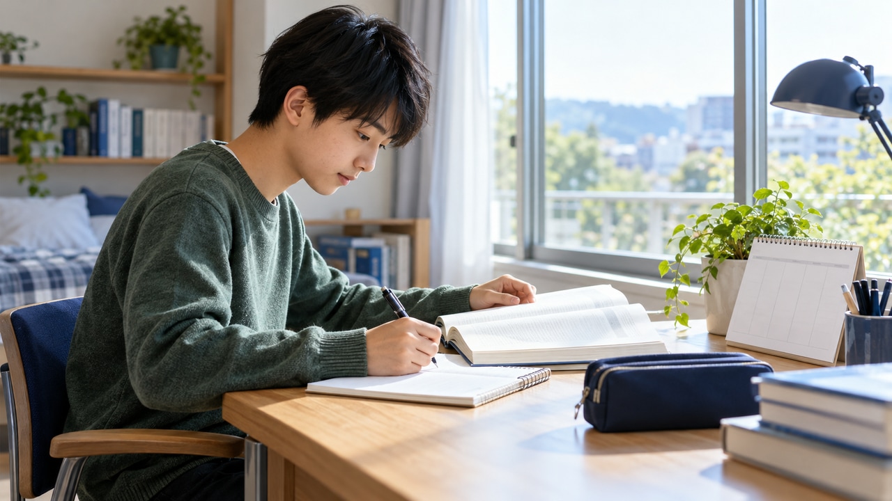 自宅の机で参考書と学習計画表を使い、一人で受験勉強を進める高校生のイメージ写真。