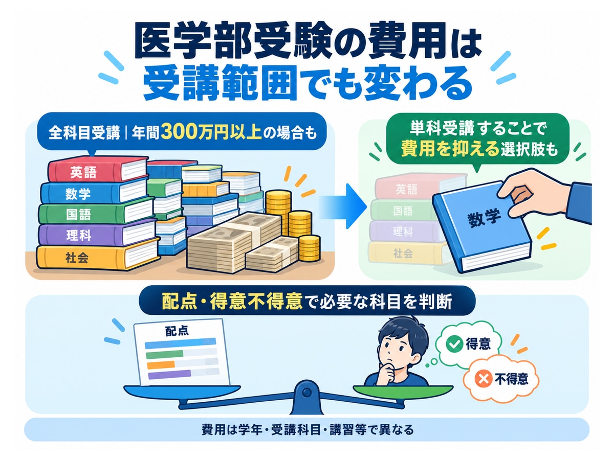 医学部受験の費用は受講範囲でも変わる。全科目受講|年間300万円以上の場合も、単科受講することで、費用を抑える選択肢も、配点・得意不得意で必要な科目を判断