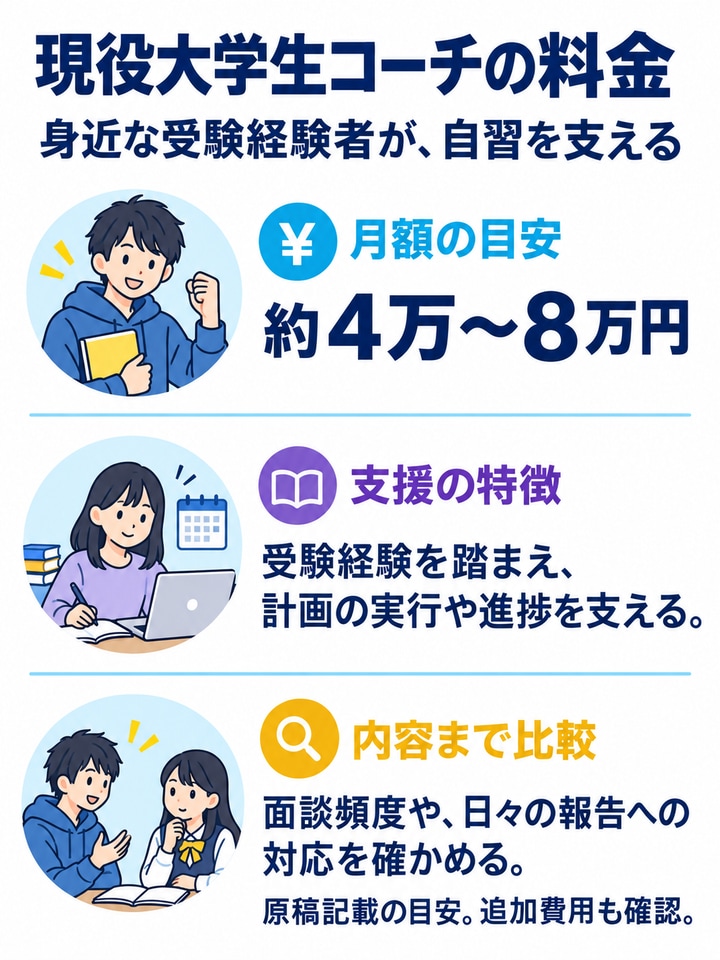 現役大学生コーチの料金を解説する図。月額の目安、支援の特徴、内容まで比較、原稿記載の目安。追加費用も確認。。