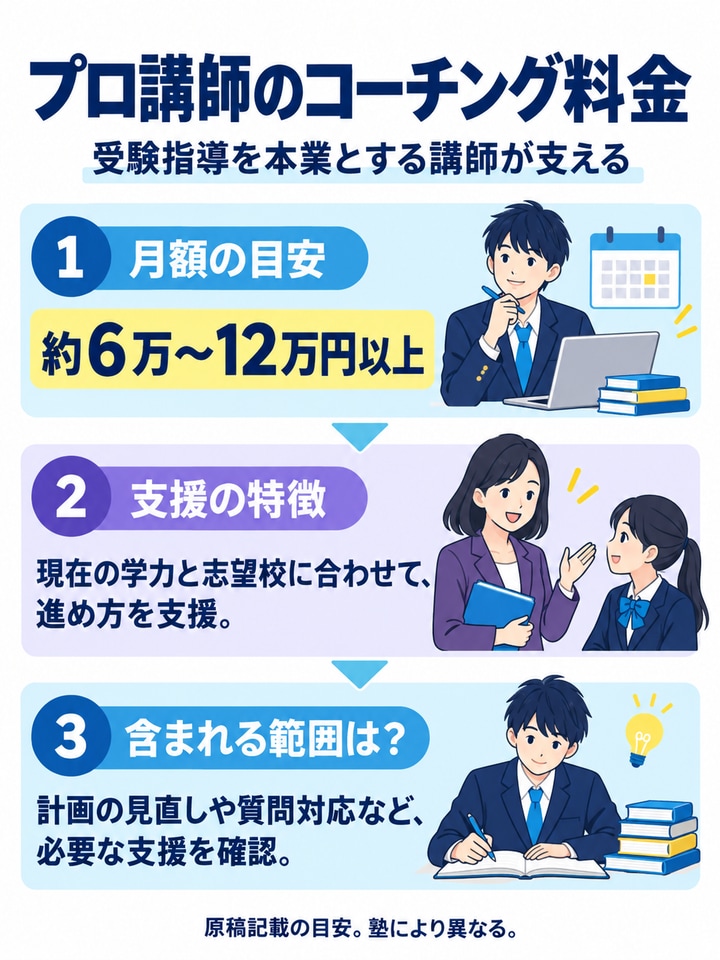 プロ講師のコーチング料金を解説する図。月額の目安、支援の特徴、含まれる範囲は？、原稿記載の目安。塾により異なる。。