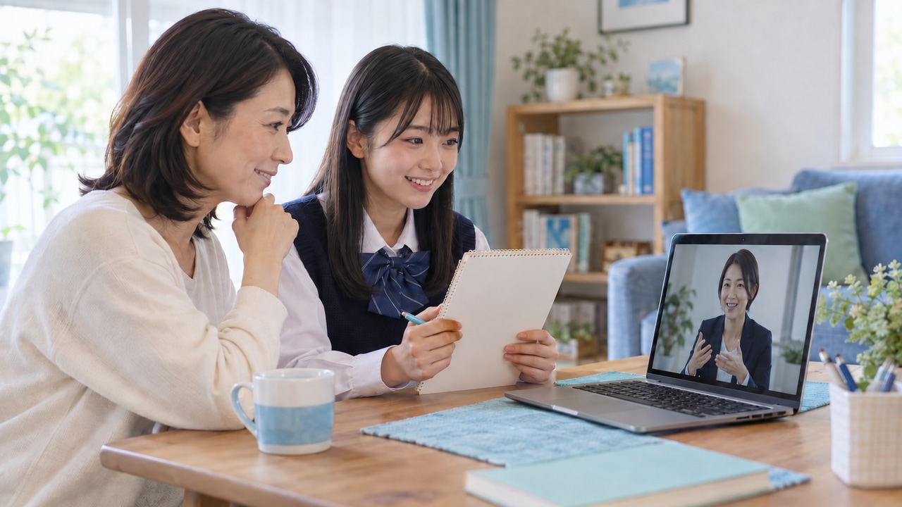 高校生と保護者がオンラインで講師に相談し、塾の支援内容を確認するイメージ