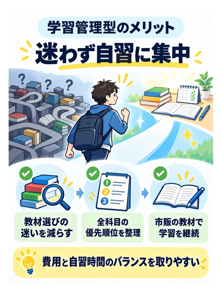 学習管理型のメリット迷わず自習に集中。教材選びの迷いを減らす、全科目の優先順位を整理、市販の教材で学習を継続