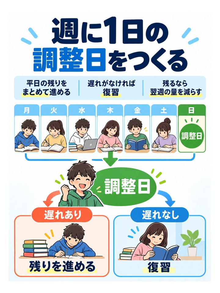 週に1日の調整日をつくる。平日の残りをまとめて進める、遅れがなければ復習、残るなら翌週の量を減らす