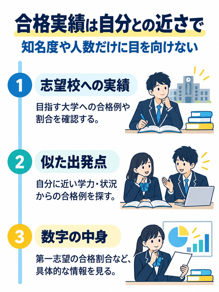 合格実績は自分との近さでを解説する図。志望校への実績、似た出発点、数字の中身。