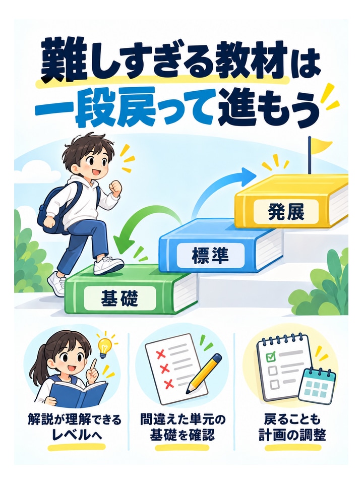 難しすぎる教材は一段戻って進もう。解説が理解できるレベルへ、間違えた単元の基礎を確認、戻ることも計画の調整