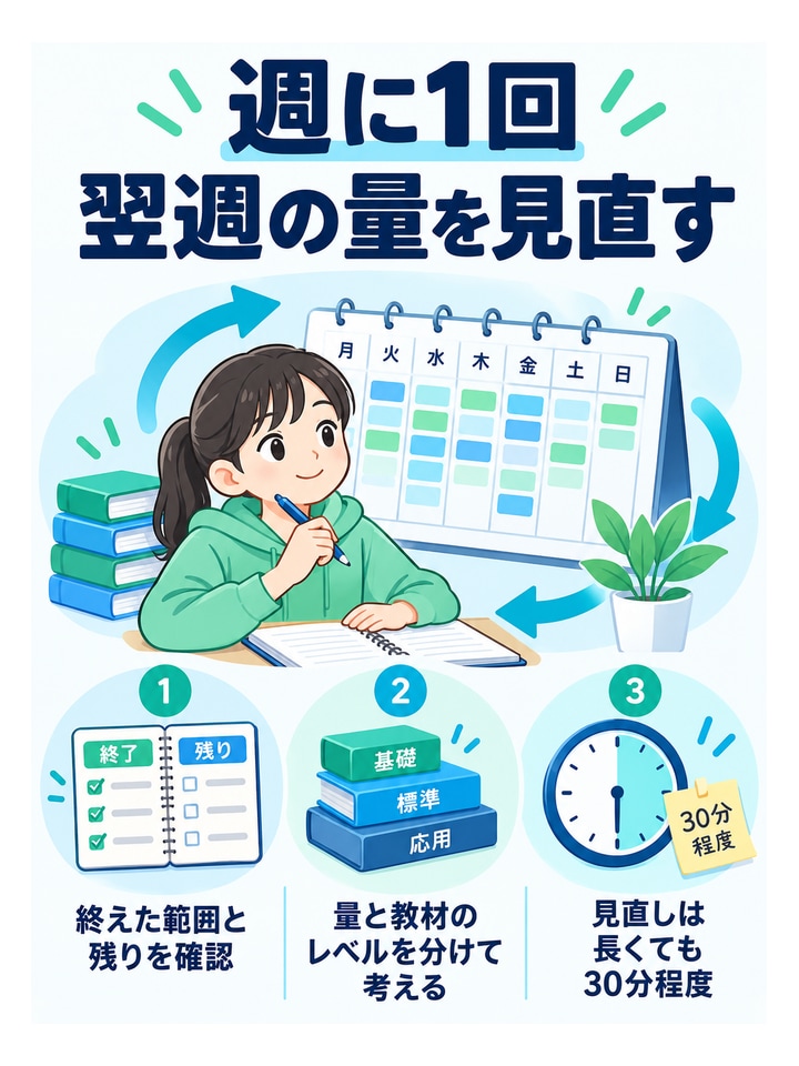 週に1回翌週の量を見直す。終えた範囲と残りを確認、量と教材のレベルを分けて考える、見直しは長くても30分程度
