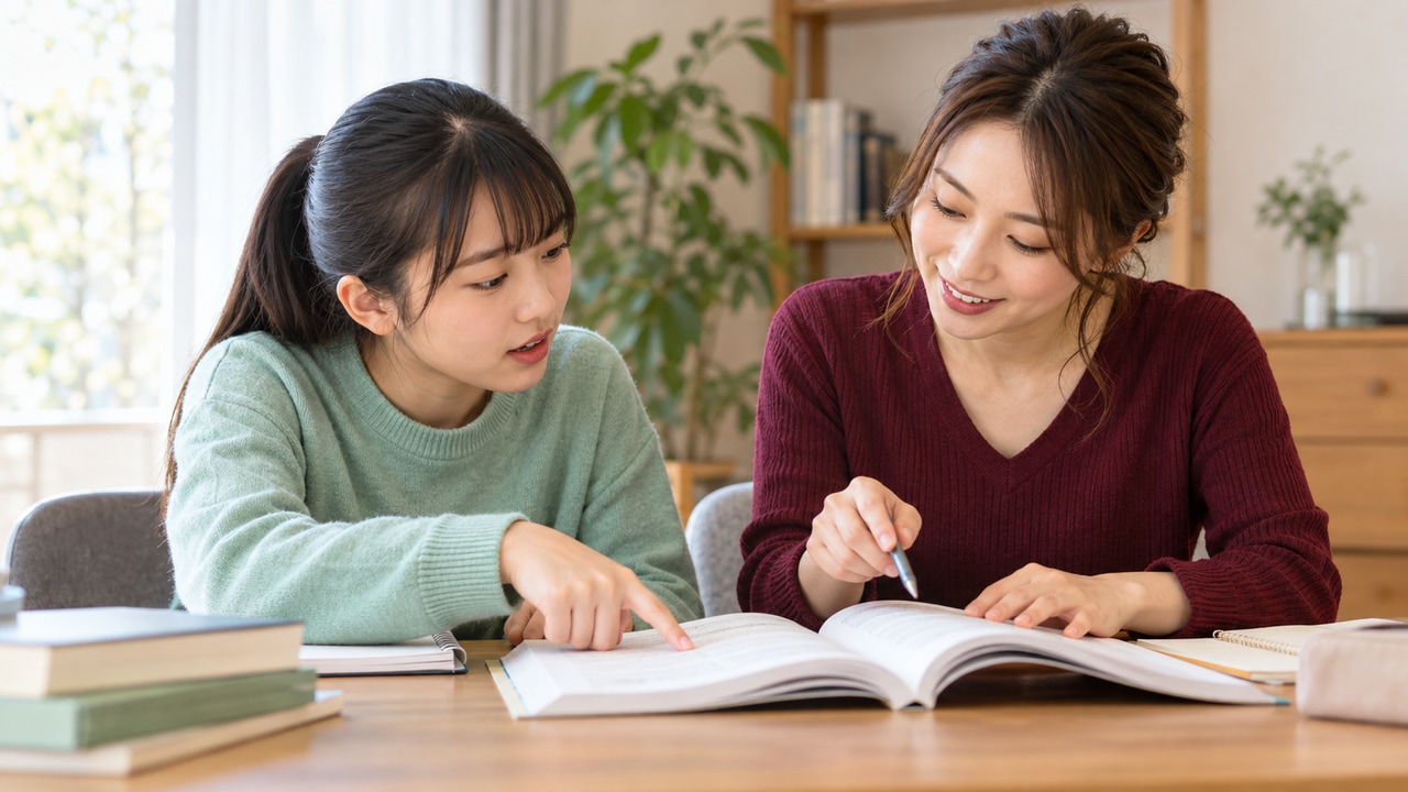 参考書のわからない箇所を講師に質問し、解説を受ける高校生のイメージ写真。