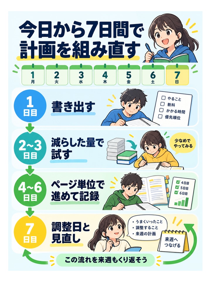 今日から7日間で計画を組み直す。1日目：書き出す、2〜3日目：減らした量で試す、4〜6日目：ページ単位で進めて記録、7日目：調整日と見直し