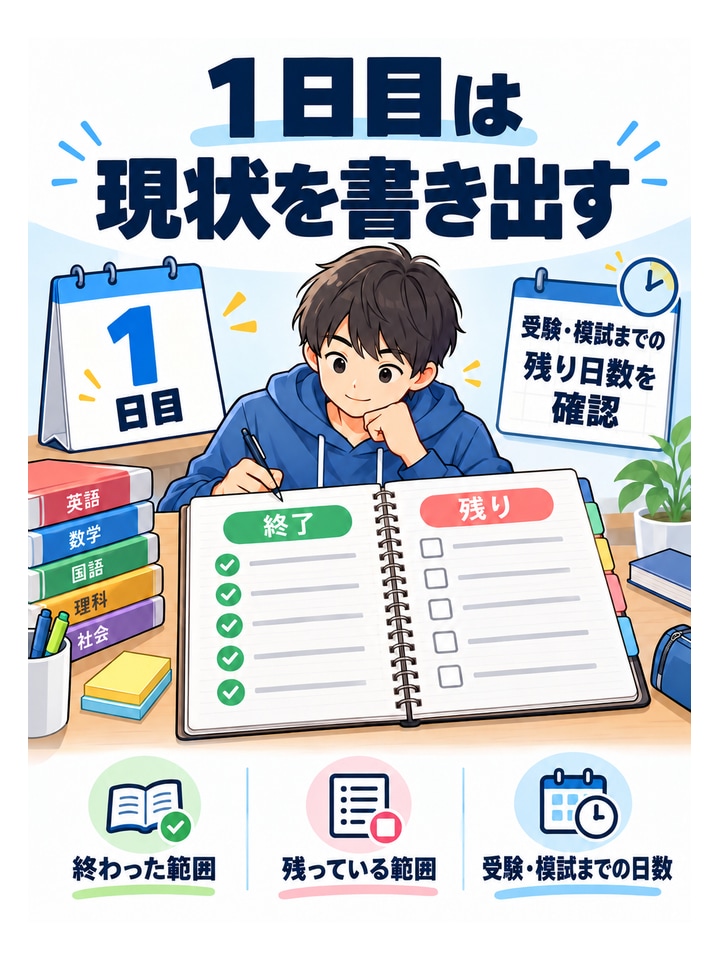 1日目は現状を書き出す。終わった範囲、残っている範囲、受験・模試までの日数