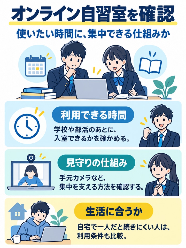 オンライン自習室を確認を解説する図。利用できる時間、見守りの仕組み、生活に合うか。
