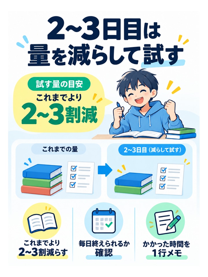 2〜3日目は量を減らして試す。これまでより2〜3割減らす、毎日終えられるか確認、かかった時間を1行メモ