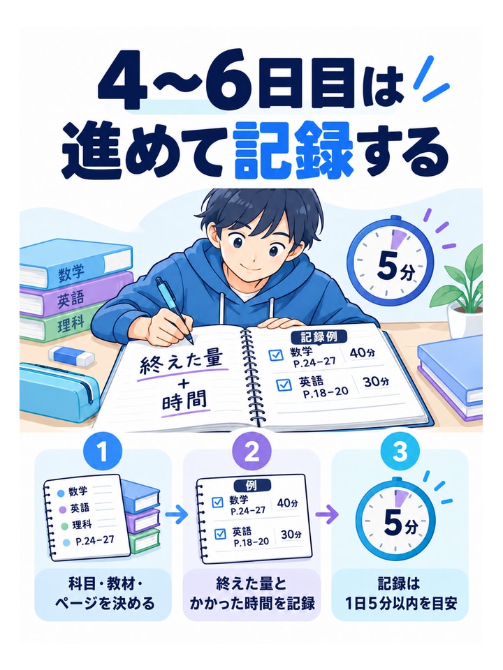 4〜6日目は進めて記録する。科目・教材・ページを決める、終えた量とかかった時間を記録、記録は1日5分以内を目安