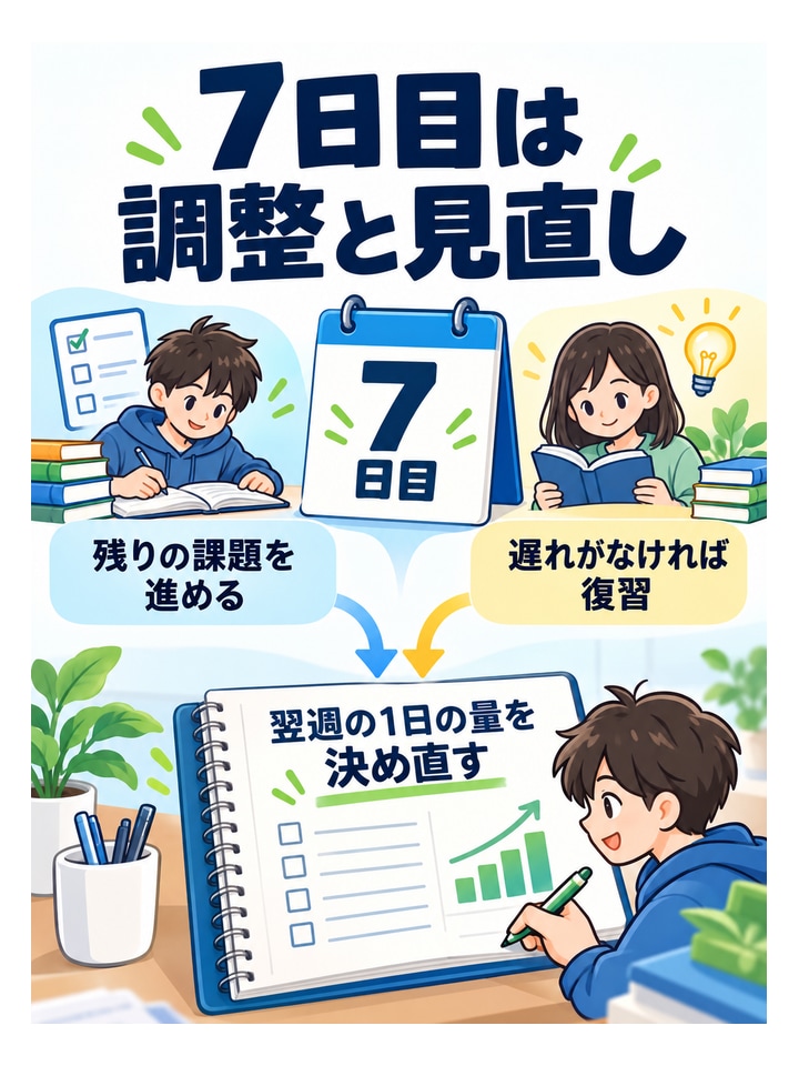 7日目は調整と見直し。残りの課題を進める、遅れがなければ復習、翌週の1日の量を決め直す