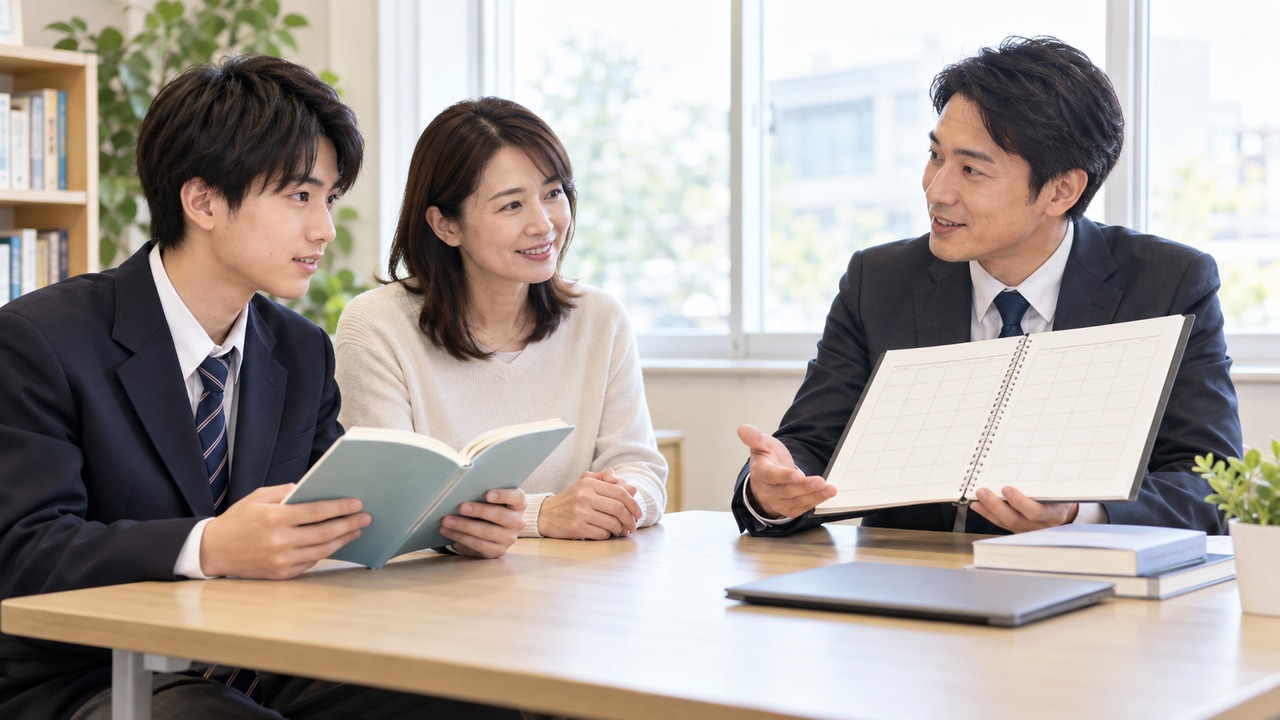 手持ちの参考書と計画表を使い、学習アドバイザーに相談する高校生と保護者のイメージ写真。
