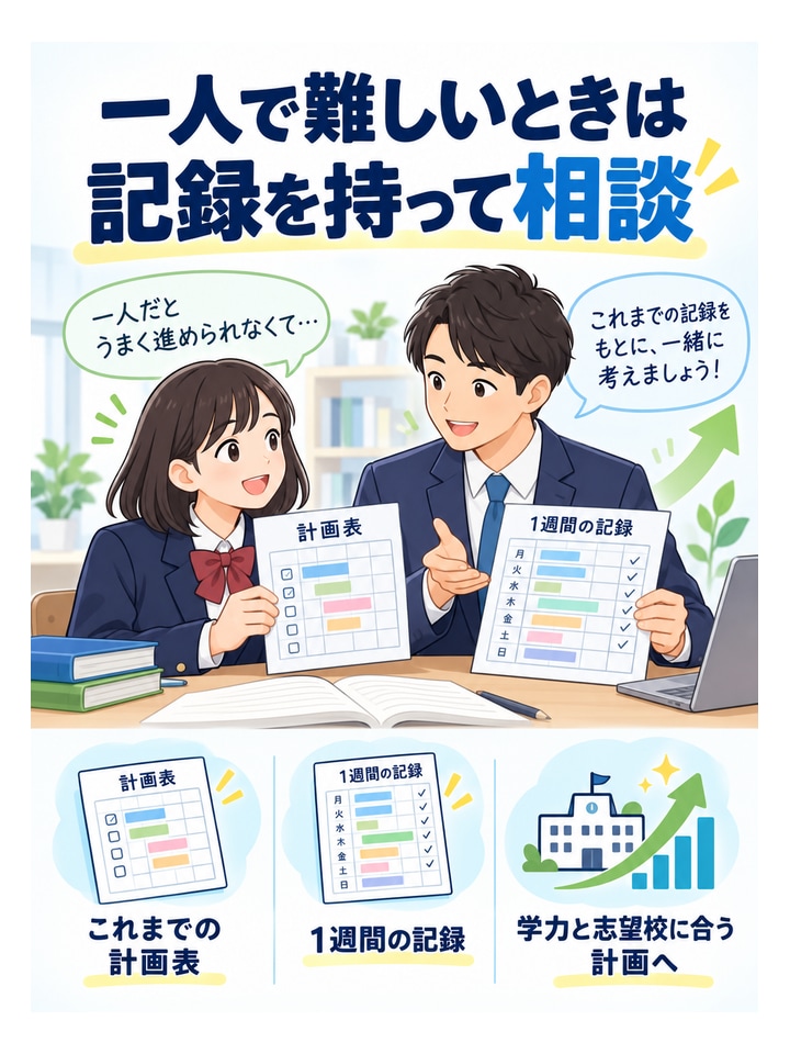 一人で難しいときは記録を持って相談。これまでの計画表、1週間の記録、学力と志望校に合う計画へ