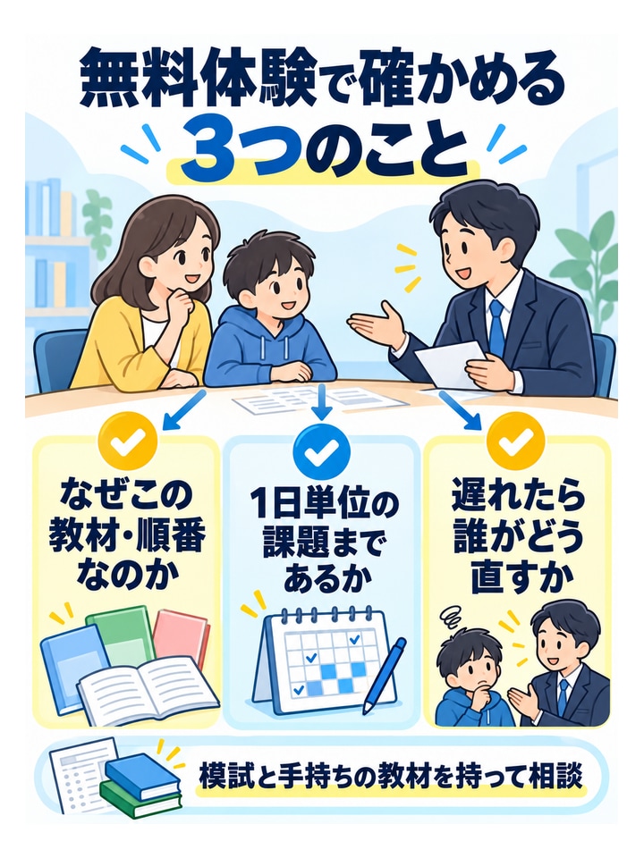 無料体験で確かめる3つのこと。なぜこの教材・順番なのか、1日単位の課題まであるか、遅れたら誰がどう直すか