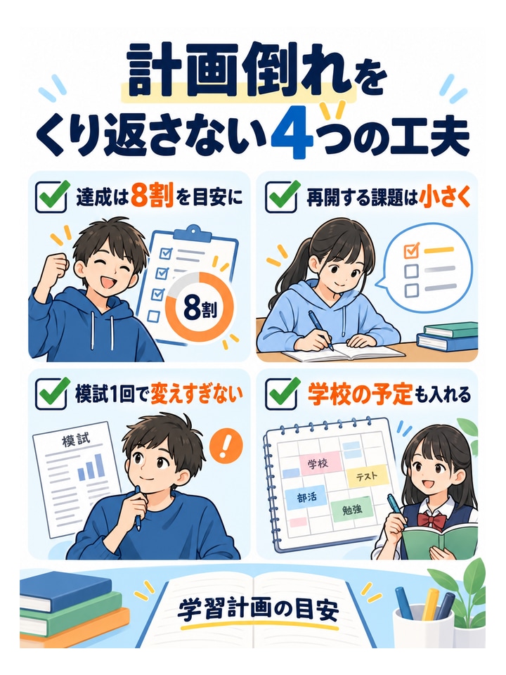 計画倒れをくり返さない4つの工夫。達成は8割を目安に、再開する課題は小さく、模試1回で変えすぎない、学校の予定も入れる