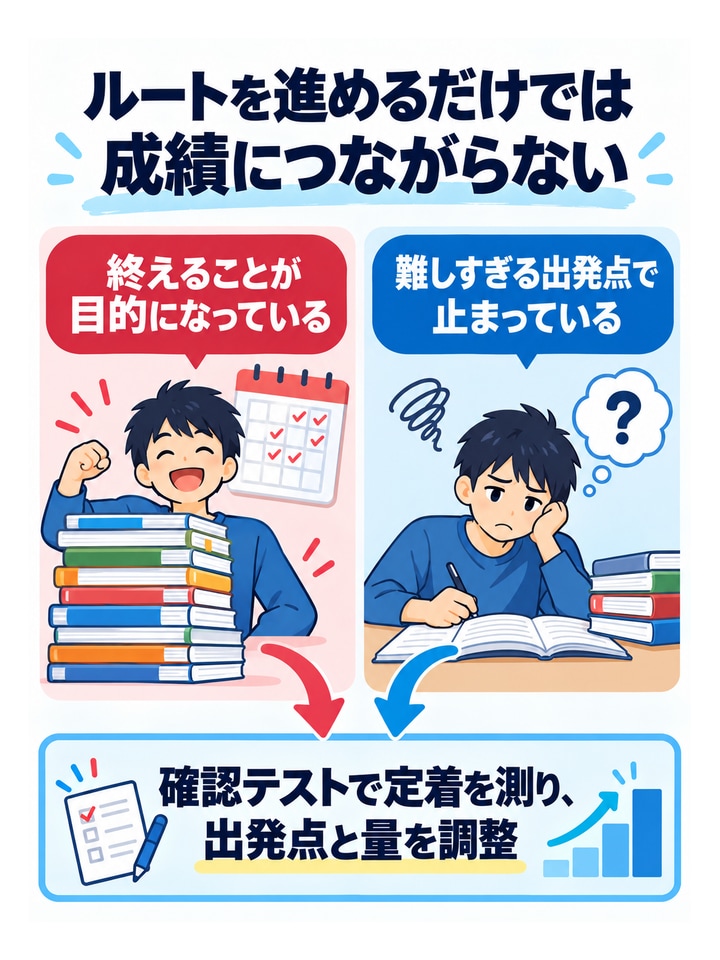 ルートを進めるだけでは成績につながらない。終えることが目的になっている、難しすぎる出発点で止まっている