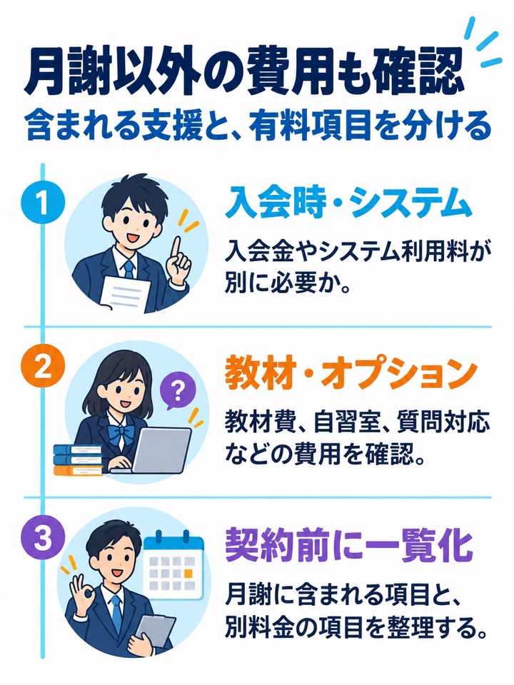 月謝以外の費用も確認を解説する図。入会時・システム、教材・オプション、契約前に一覧化。