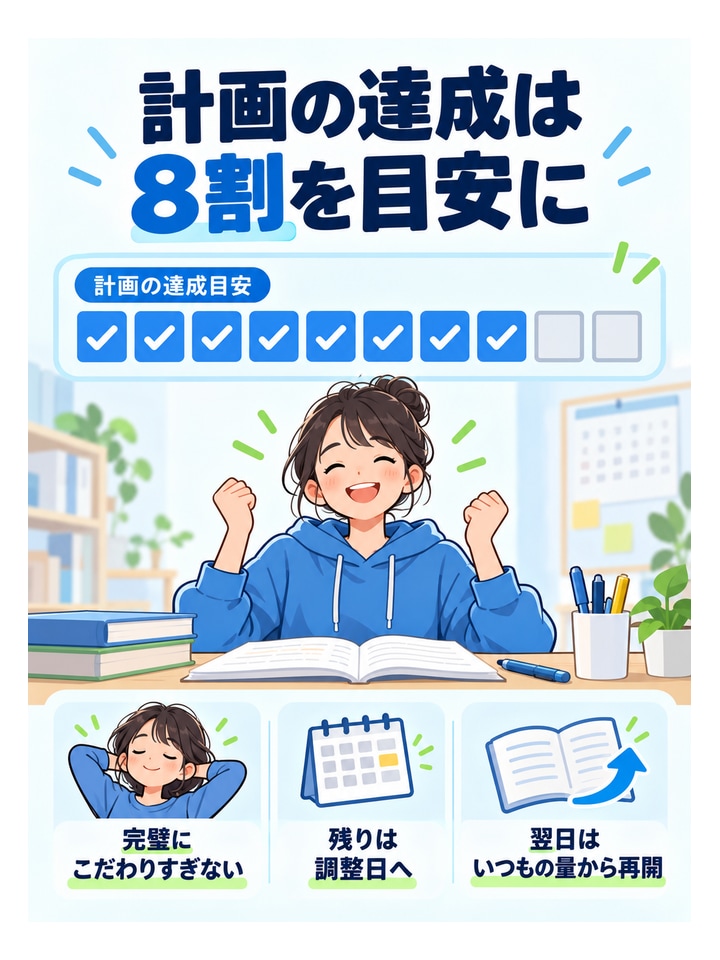 計画の達成は8割を目安に。完璧にこだわりすぎない、残りは調整日へ、翌日はいつもの量から再開