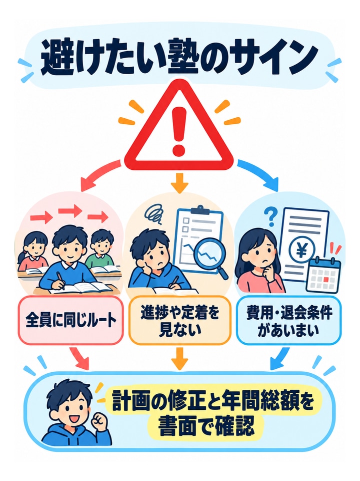 避けたい塾のサイン。全員に同じルート、進捗や定着を見ない、費用・退会条件があいまい